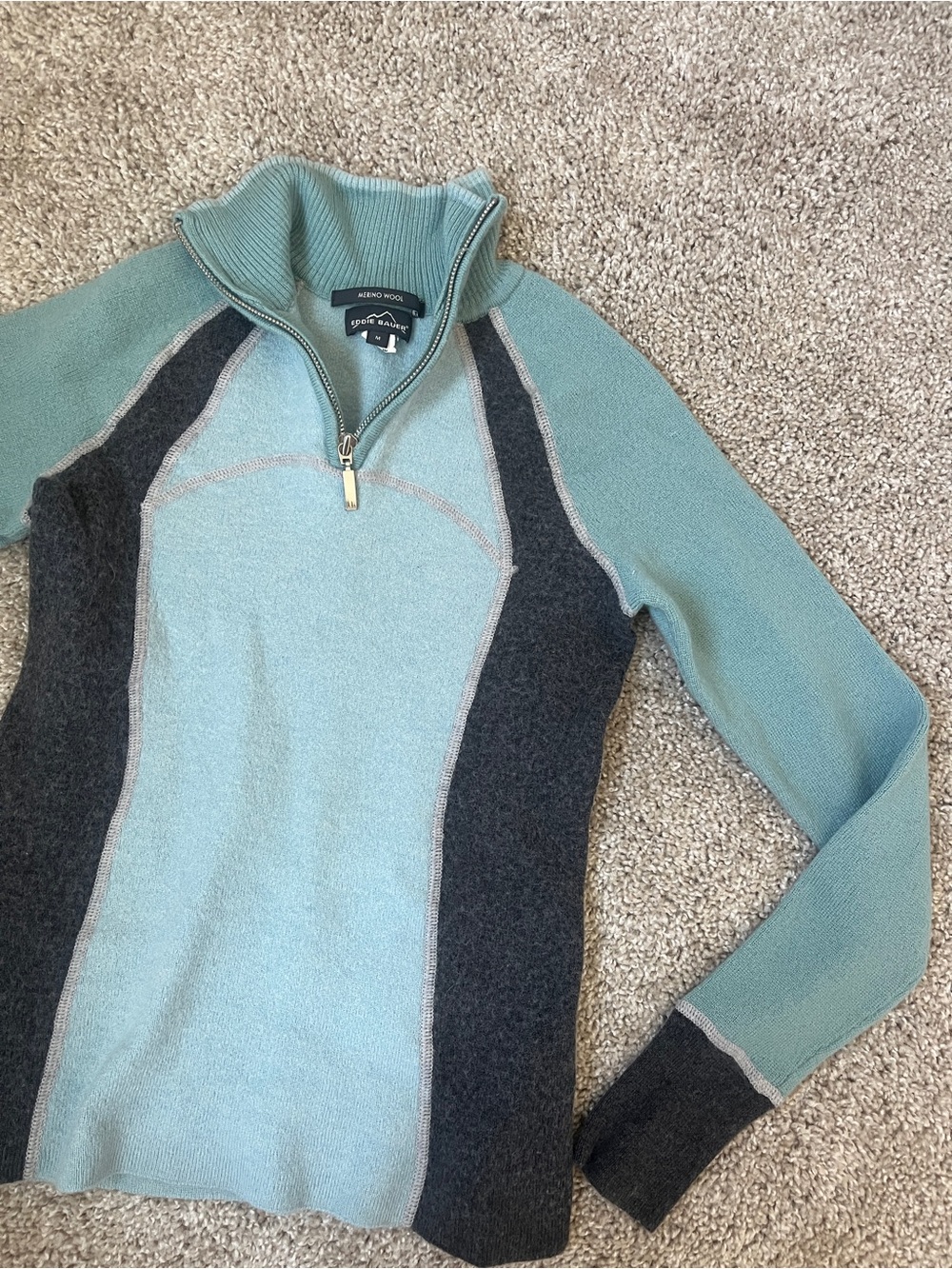 100% Merino Wool Eddie Bauer Blue and Charcoal Quarter-Zip Turtleneck Sweater